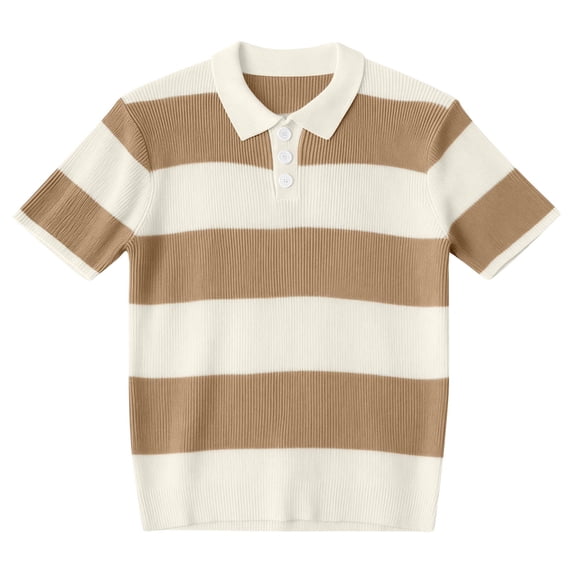 LWavelet Men's Short Sleeve Polo Shirt, Striped Ribbed Knit Collared Top for Casual & Retro Outfits Coffee L