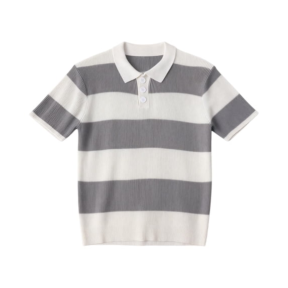 LWavelet Men's Short Sleeve Polo Shirt, Striped Ribbed Knit Collared Top for Casual & Retro Outfits Gray L