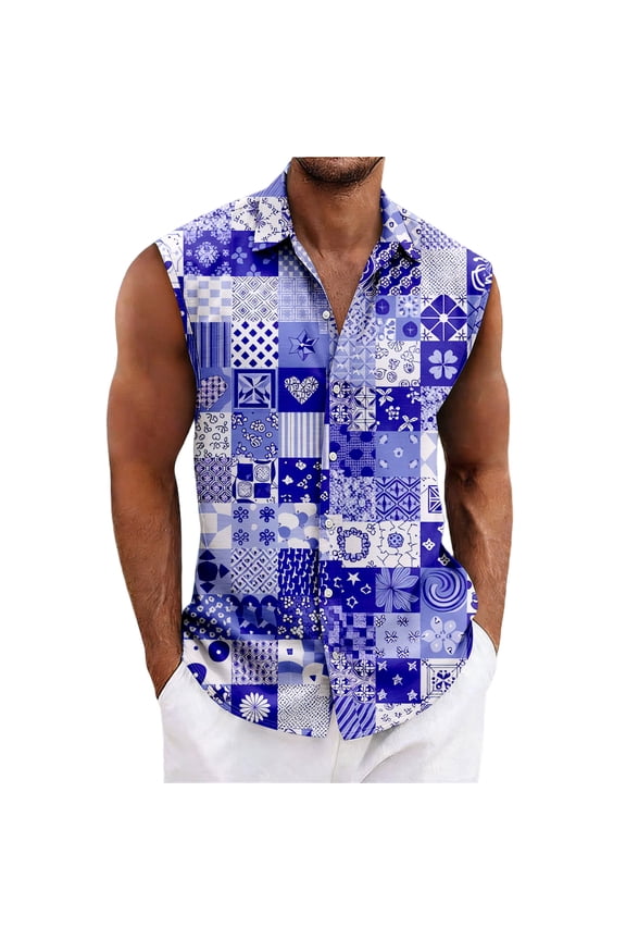 Men's Sleeveless Hawaiian Shirt Tile Patchwork Print Button Down Casual Summer Vacation Shirt Red L