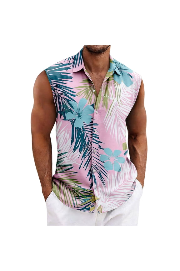 Men's Sleeveless Hawaiian Shirt Tropical Leaf Floral Button Down Casual Summer Vacation Shirt Vermilion XL