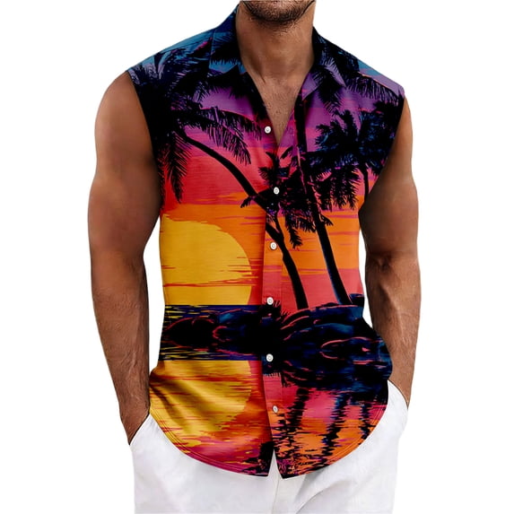 LWavelet Men's Sleeveless Hawaiian Shirt, Tropical Paradise Print Button Down, Lightweight Breathable for Luau & Beach Vacation Vermilion 3XL