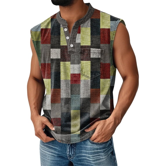 LWavelet Men's Sleeveless Plaid Henley Shirt, Vintage Checkered Design with Chest Pocket, Retro Streetwear for Summer Casual & Daily Use Gray XL