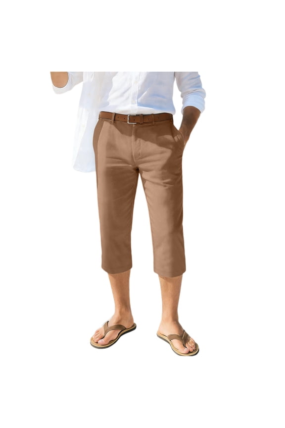 Men's Slim Fit Casual Capri Pants with Belt Loops & Side Pockets for Business Casual Daily Wear Camel L