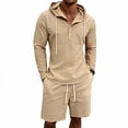 thumbnail image 1 of LWavelet Men's Striped Linen Hooded Shirt and Shorts Set Casual Two Piece Outfit Khaki L, 1 of 5