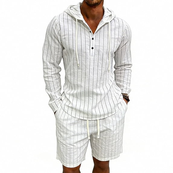 LWavelet Men's Striped Linen Hooded Shirt and Shorts Set Casual Two Piece Outfit White L