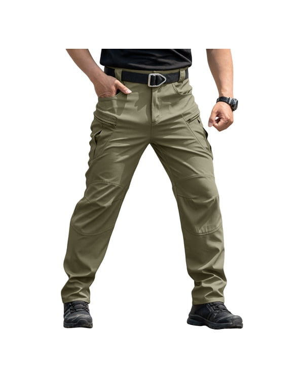 Men's Tactical Cargo Pants - Belt Waist Multiple Pockets Durable Fabric Outdoor & Work Utility Pants Army Green M