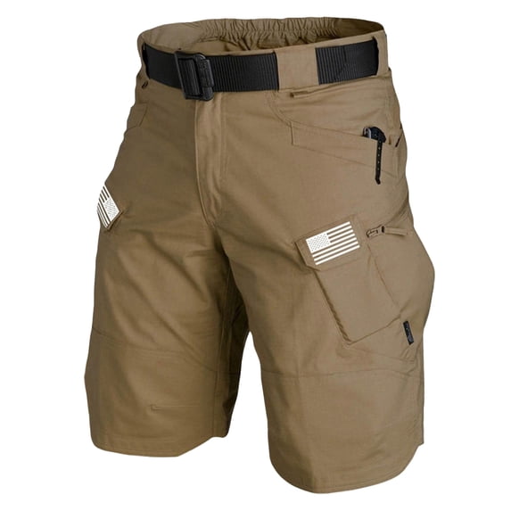 LWavelet Men's Tactical Cargo Shorts Multi-Pocket American Flag Print Outdoor Shorts with Belt Brown XL