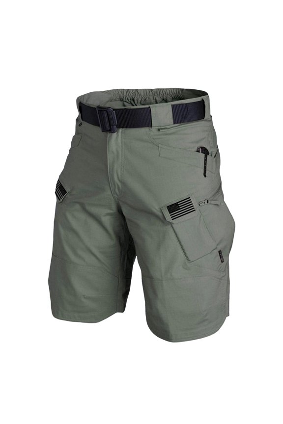 Men's Tactical Cargo Shorts Multi-Pocket American Flag Print Outdoor Shorts with Belt Green S