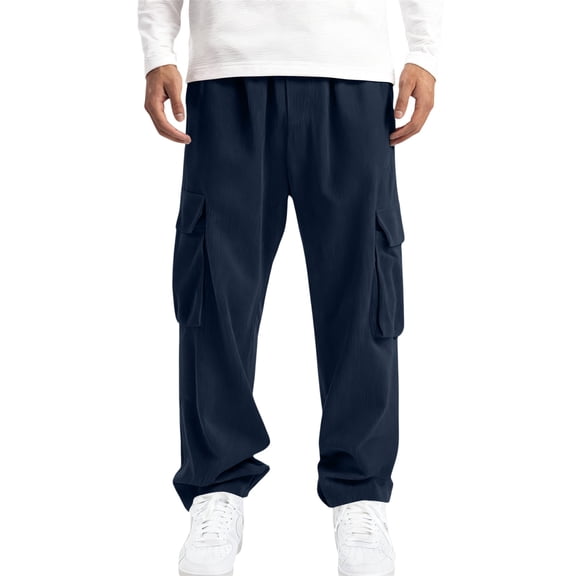 LWavelet Men's Textured Cargo Wide Leg Pants - Drawstring Waist Loose Fit Casual Daily Pants Dark Blue S