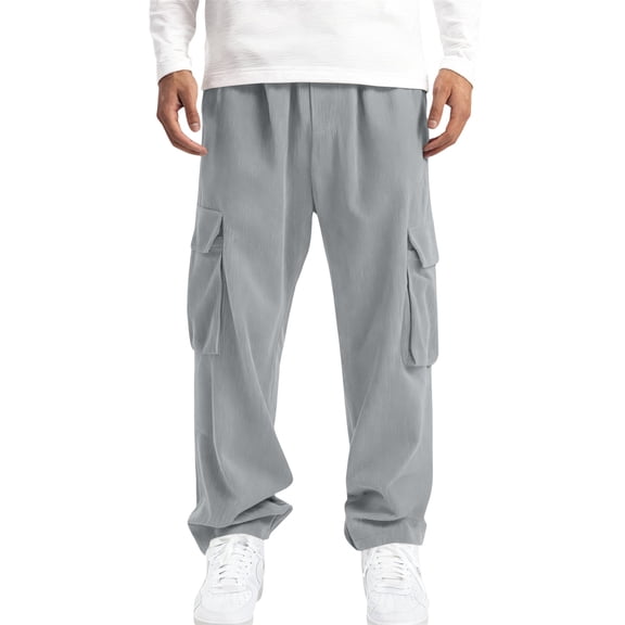 LWavelet Men's Textured Cargo Wide Leg Pants - Drawstring Waist Loose Fit Casual Daily Pants Gray S
