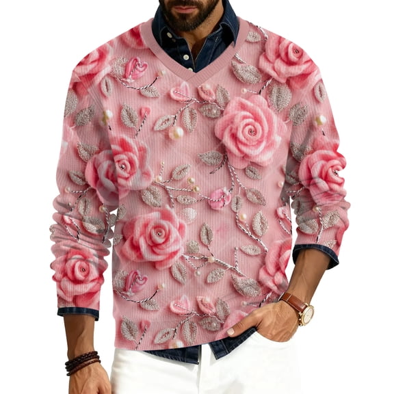 LWavelet Men's Valentine's Theme Graphic Sweater - Playful Pattern, Perfect for Valentine's Day Parties & Casual Leisure Pink M