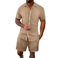 thumbnail image 1 of LWavelet Men's Vertical Striped Button Up Shirt and Shorts Set Casual Beach Vacation Outfit Light Brown 3XL, 1 of 4