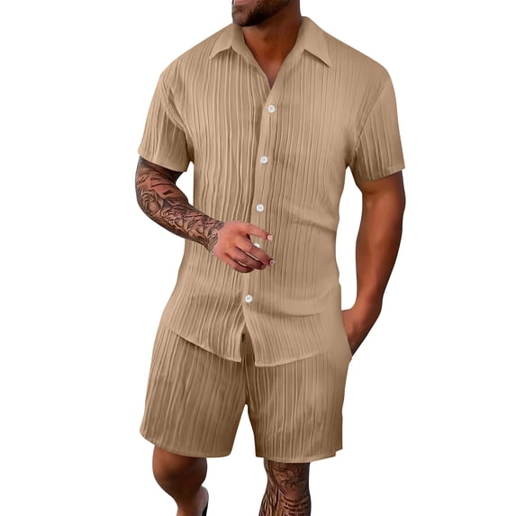 LWavelet Men's Vertical Striped Button Up Shirt and Shorts Set Casual Beach Vacation Outfit Light Brown 3XL