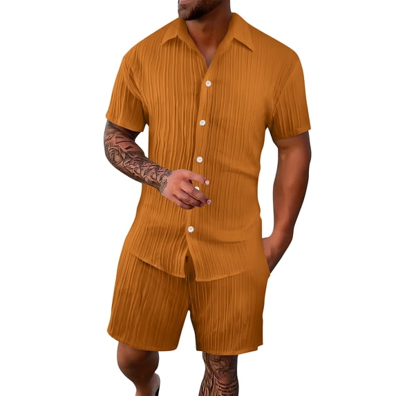 LWavelet Men's Vertical Striped Button Up Shirt and Shorts Set Casual Beach Vacation Outfit Orange M