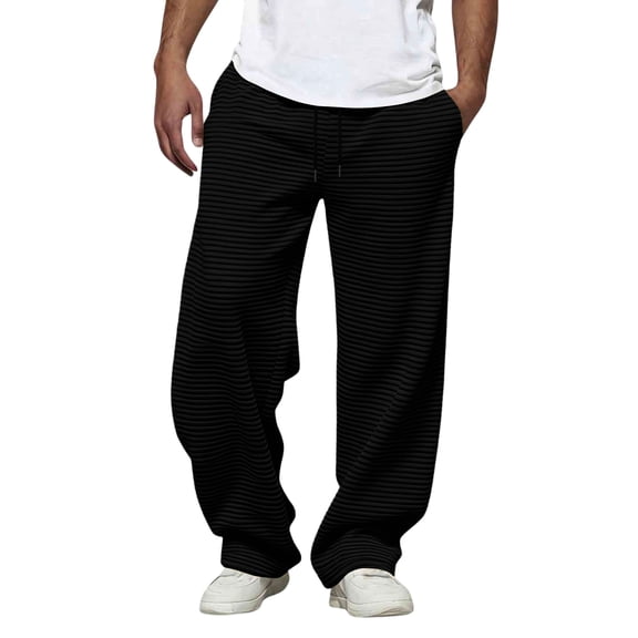 LWavelet Men's Vertical Striped Wide Leg Joggers - Drawstring Waist Soft Fabric Trendy Casual Daily Pants Black M
