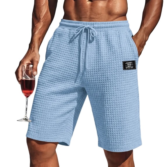LWavelet Men's Waffle Knit Casual Shorts Drawstring Elastic Waist Label Patch Lounge Shorts Light Blue M