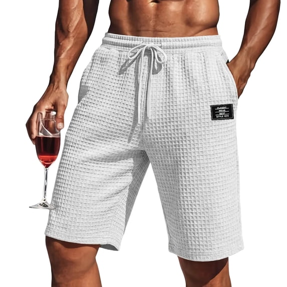 LWavelet Men's Waffle Knit Casual Shorts Drawstring Elastic Waist Label Patch Lounge Shorts White L