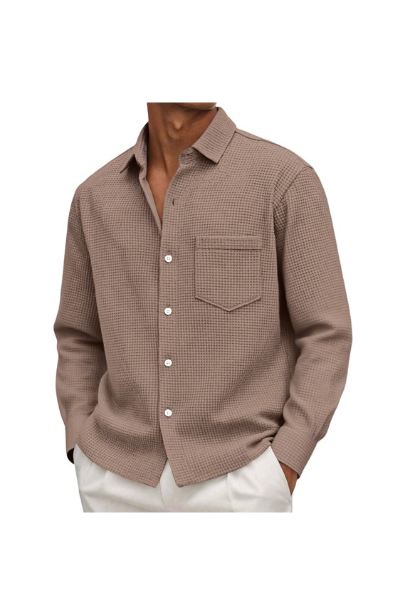 Men's Waffle-Knit Pocket Button-Down Shirt - Soft Texture, Perfect for Casual Commute & Weekend Gatherings Brown L