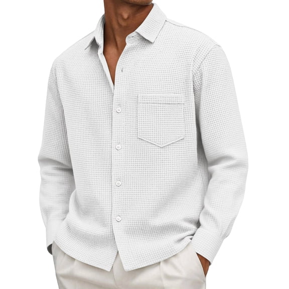 LWavelet Men's Waffle-Knit Pocket Button-Down Shirt - Soft Texture, Perfect for Casual Commute & Weekend Gatherings White S