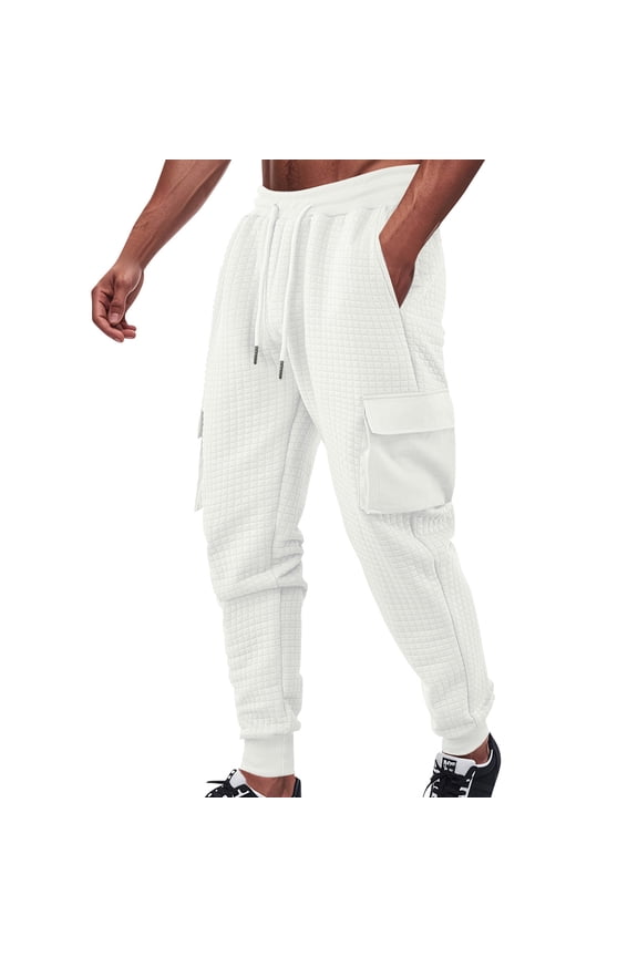 Men's Waffle Texture Cargo Joggers Casual Loose Tapered Sweatpants Elastic Waist with Side Pockets Comfortable Lounge Pants White L