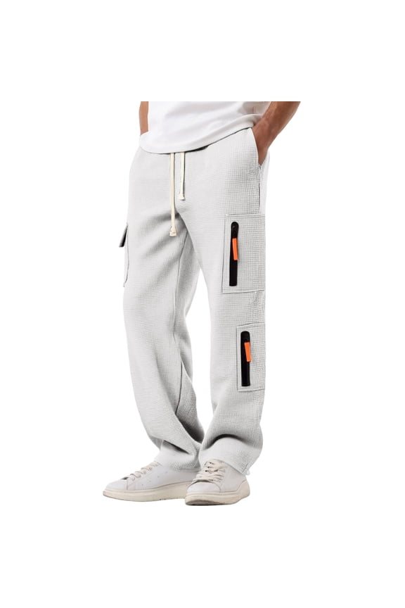 Men's Waffle Texture Cargo Pants Drawstring Waist Zipper Pockets Loose Fit Comfortable Casual Daily & Streetwear Pants White M