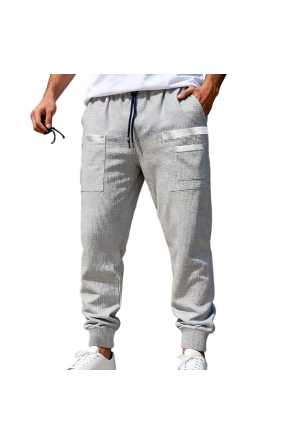 Men's Waffle Texture Cargo Tapered Joggers - Drawstring Waist Multiple Pockets Soft Fabric Casual Daily Pants Light Gray 3XL