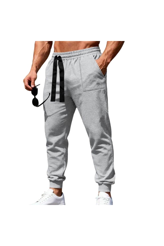 Men's Waffle Texture Tapered Joggers - Pocket Detail Drawstring Waist Comfortable Casual Daily Pants Light Gray 3XL