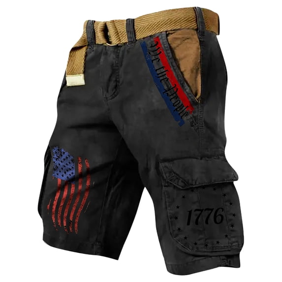 LWavelet Men's We The People 1776 American Flag Cargo Shorts Pocket Star Print Casual Shorts with Belt Black M