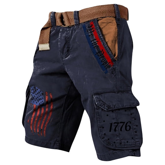 LWavelet Men's We The People 1776 American Flag Cargo Shorts Pocket Star Print Casual Shorts with Belt Navy L