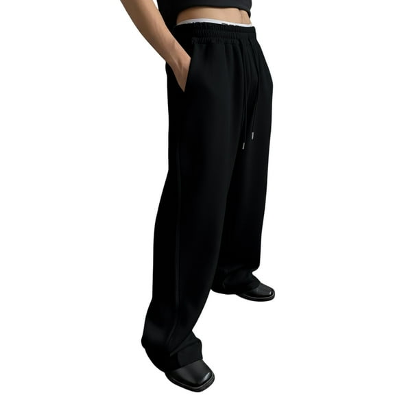 LWavelet Men's Wide Leg Joggers - Drawstring Waist Soft Fabric Loose Fit Casual Daily Pants Black S