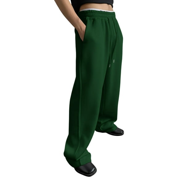 LWavelet Men's Wide Leg Joggers - Drawstring Waist Soft Fabric Loose Fit Casual Daily Pants Dark Green S