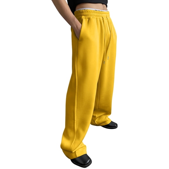 LWavelet Men's Wide Leg Joggers - Drawstring Waist Soft Fabric Loose Fit Casual Daily Pants Yellow S