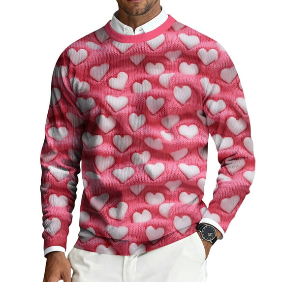 LWavelet Men's "XOXO" & Lip Print Sweater - Playful Design, Perfect for Valentine's Day Celebrations & Casual Hangouts Pink S