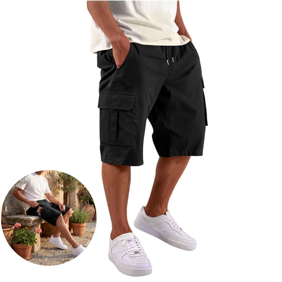 LWavelet Mens Cargo Shorts Elastic Waist Drawstring Casual Work Shorts Summer Hiking Traval Shorts with Pockets