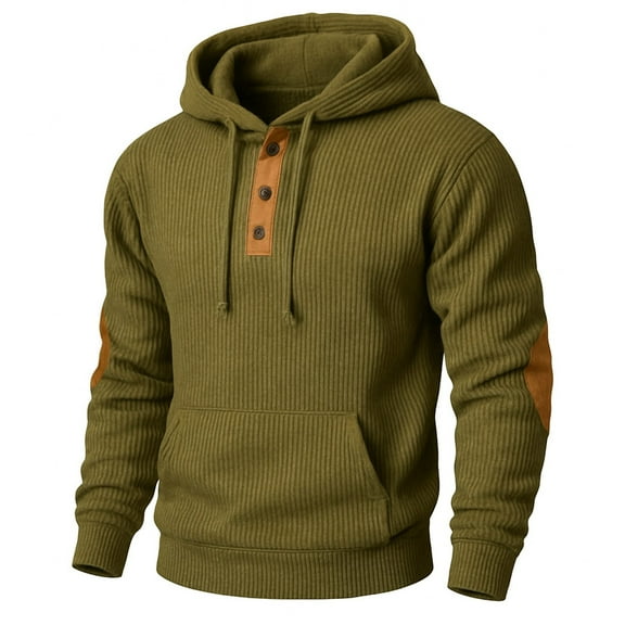LWavelet Mens Casual Knitted Pullover Hoodie with Button Neckline Drawstring Hood Ribbed Long Sleeve Kangaroo Pocket Sweatshirt Top