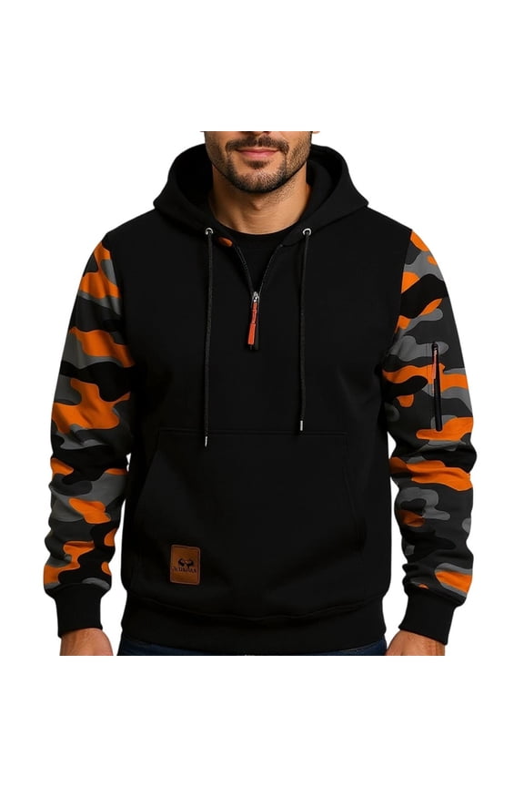 Mens Casual Pullover Hooded Sweatshirt with Camouflage Pattern Long Sleeve Adjustable Drawstring Hood and Front Pocket for Outdoor and Everyday Wear