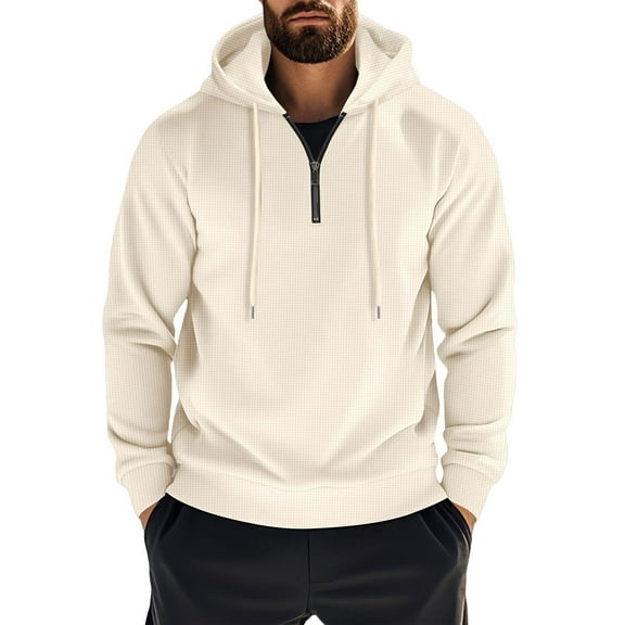 LWavelet Mens Casual Waffle Knit Pullover Hoodie Long Sleeve Half Zip Sweatshirt Lightweight Drawstring Hooded Top