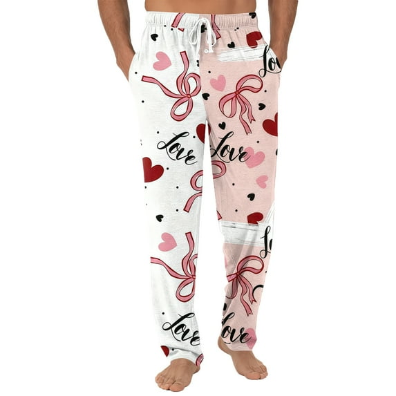 LWavelet Mens Heart Print Lounge Pants Elastic Waist Soft Sleep Pants Light Brown S