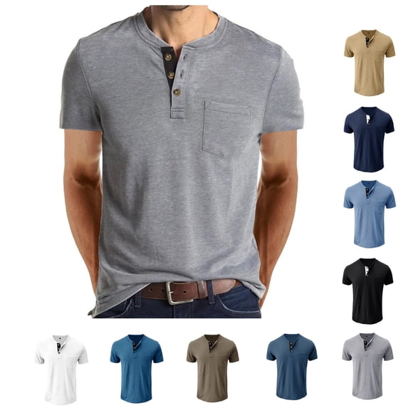 LWavelet Mens Henley Shirts Casual Short Sleeve Button T Shirts with 3 Button Placket Chest Pocket Casual Tee