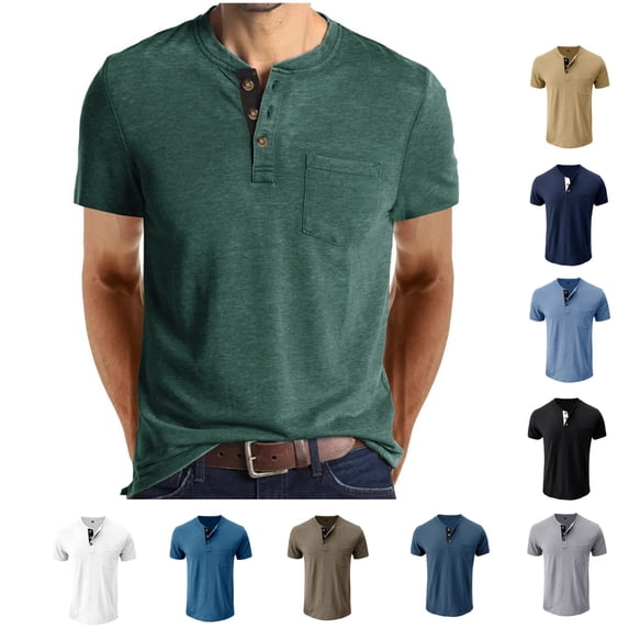 LWavelet Mens Henley Shirts Casual Short Sleeve Button T Shirts with 3 Button Placket Chest Pocket Casual Tee
