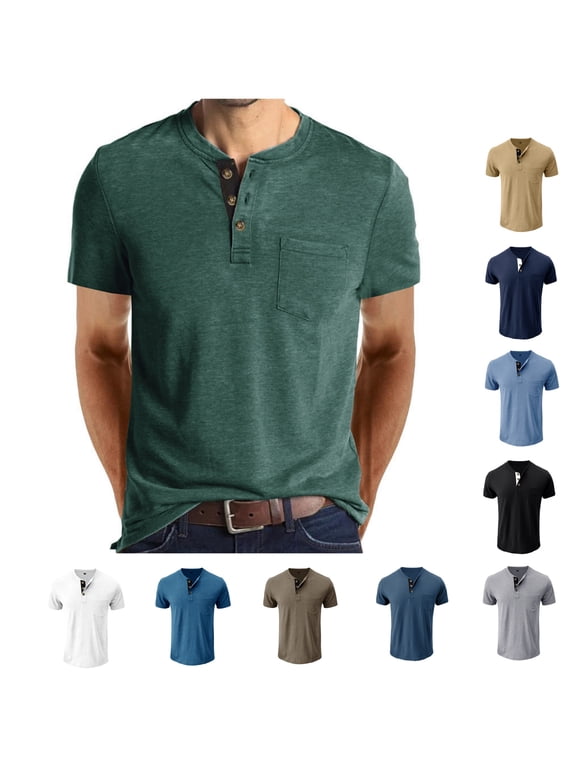 Mens Henley Shirts Casual Short Sleeve Button T Shirts with 3 Button Placket Chest Pocket Casual Tee