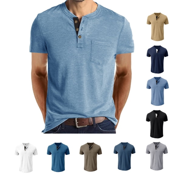 LWavelet Mens Henley Shirts Casual Short Sleeve Button T Shirts with 3 Button Placket Chest Pocket Casual Tee