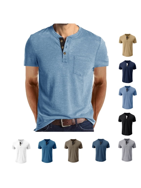 Mens Henley Shirts Casual Short Sleeve Button T Shirts with 3 Button Placket Chest Pocket Casual Tee