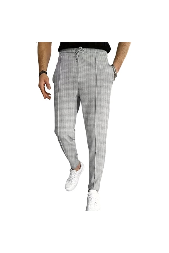 Mens Houndstooth Pattern Pants Elastic Waist Slim Fit Casual Pants Light Gray 3XL