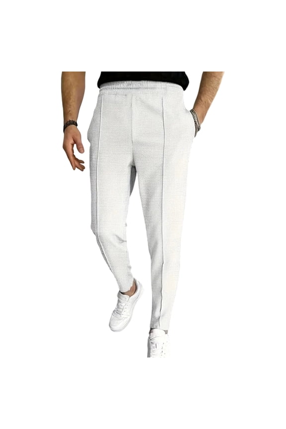 Mens Houndstooth Pattern Pants Elastic Waist Slim Fit Casual Pants White 3XL