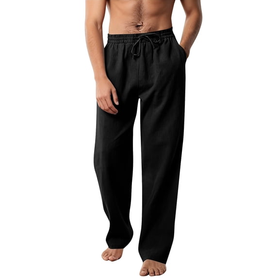 LWavelet Mens Lightweight Linen Lounge Pants Elastic Waist Drawstring Sleep Pants Black XL