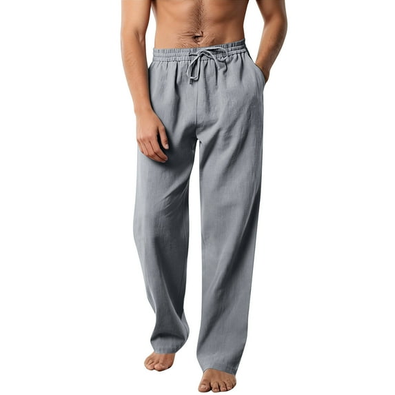 LWavelet Mens Lightweight Linen Lounge Pants Elastic Waist Drawstring Sleep Pants Gray L