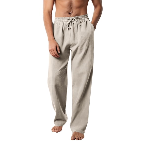 LWavelet Mens Lightweight Linen Lounge Pants Elastic Waist Drawstring Sleep Pants Khaki L