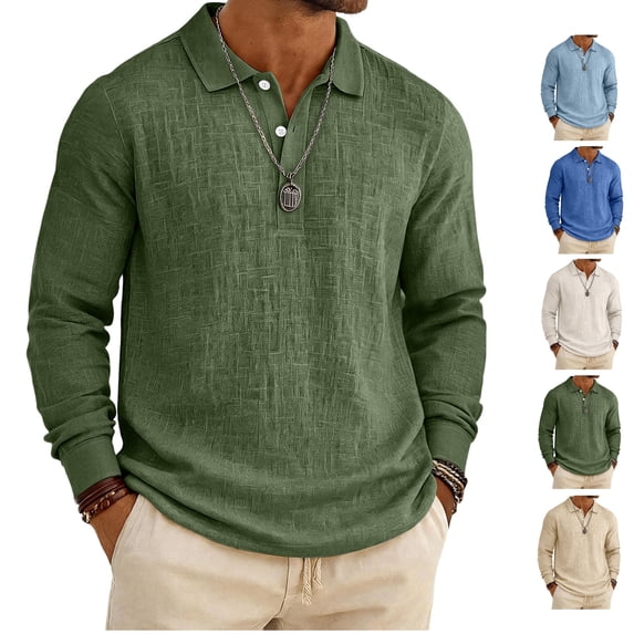 LWavelet Mens Linen Polo Shirt Long Sleeve Spring Fall Vacation Cotton Linen Shirt Casual Lightweight Button Collared Tops