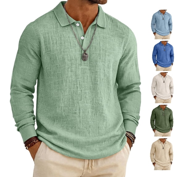 LWavelet Mens Linen Polo Shirt Long Sleeve Spring Fall Vacation Cotton Linen Shirt Casual Lightweight Button Collared Tops